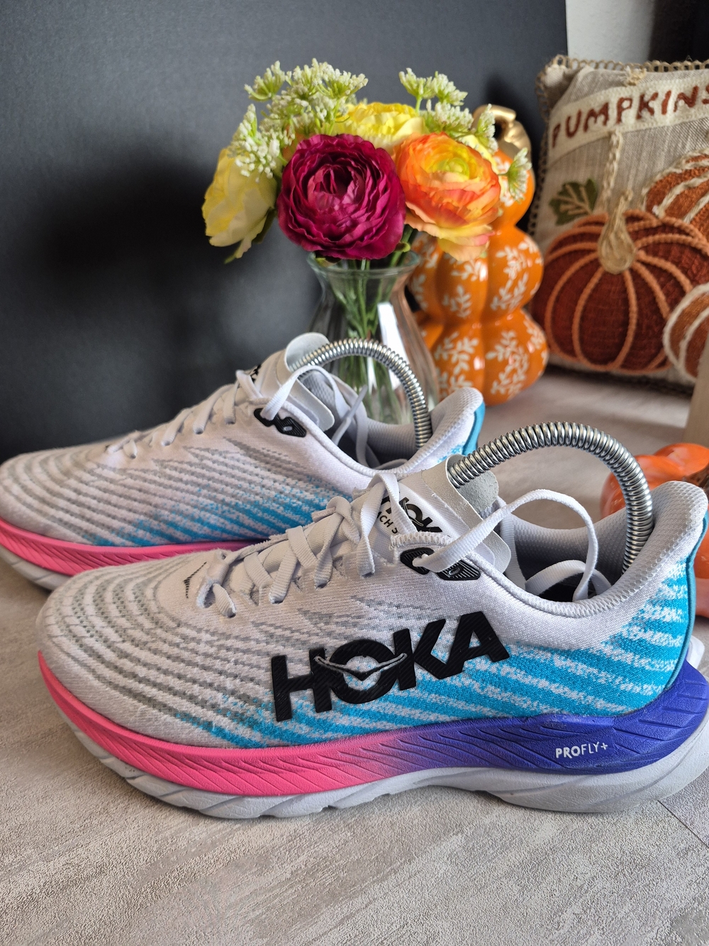 Hoka Women's White Blue Pink PROFLY+ Running Sneakers.Size7.5B
